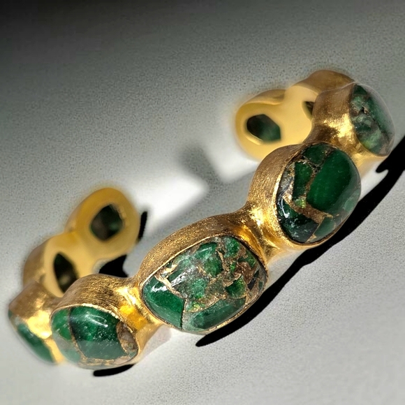 Designer Jewelry - 24k Gold Plated Chunky Natural Green Mohave Turquoise Artisan Cuff Bracelet